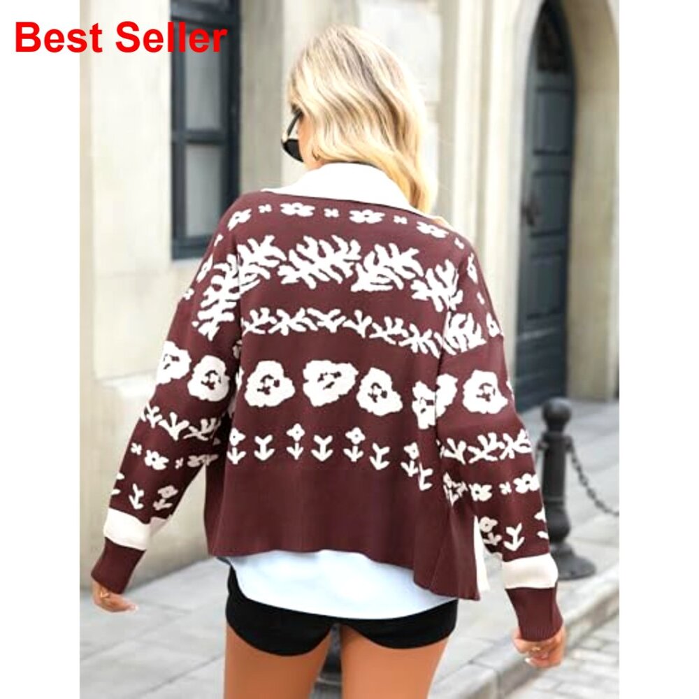 Long Sleeve Floral Print Cardigan Sweater Button Up Knit Top - Picture 2 of 7